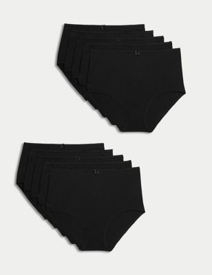 M&S Womens 10pk Cotton Lycra® Full Briefs - Black, Black