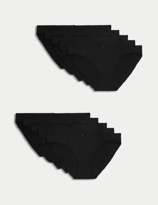 M&S Womens 10pk Cotton Rich Bikini Knickers - 16 - Black, Black