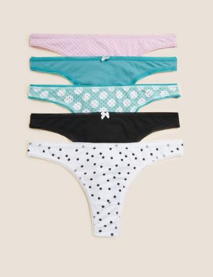 Marks And Spencer Womens M&S Collection 5pk Cotton Rich Printed Thongs - Green Mix, Green Mix
