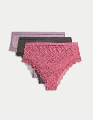 

Womens M&S Collection 3er-Pack hoch geschnittene Brazilian-Slips mit Mesh und Spitze - Raspberry Mix, Raspberry Mix