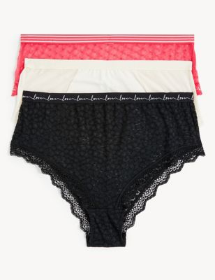 Marks And Spencer Womens M&S Collection 3pk Lace & Mesh High Waisted Brazilian Knickers - Black Mix