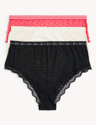 

Womens M&S Collection 3pk Lace & Mesh High Waisted Brazilian Knickers - Black Mix, Black Mix