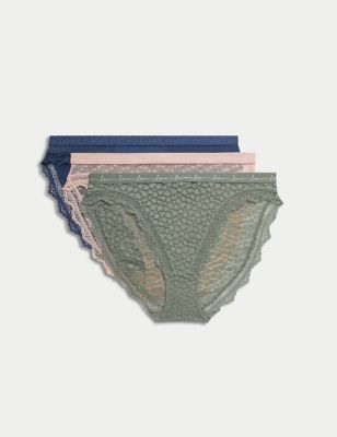 M&S Womens 3pk Mesh & Lace High Leg Knickers - 8 - Dusty Green, Dusty Green,Geranium