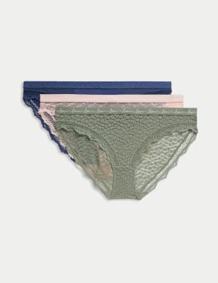 

Womens M&S Collection 3er-Pack Bikinislips mit Spitze und Mesh - Dusty Green, Dusty Green