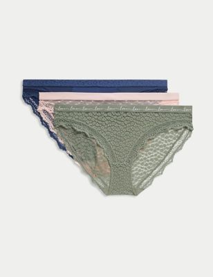 M&S Womens 3pk Lace & Mesh Bikini Knickers - 8 - Dusty Green, Dusty Green,Geranium