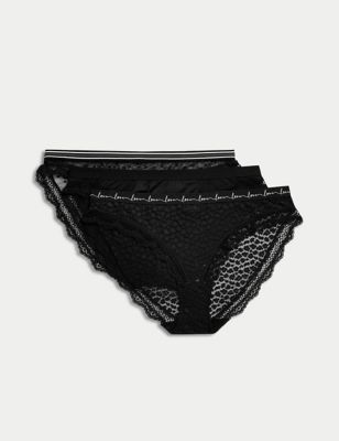 Marks And Spencer Womens M&S Collection 3pk Lace & Mesh Bikini Knickers - Black, Black