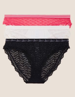 Marks And Spencer Womens M&S Collection 3pk Lace & Mesh Bikini Knickers - Black Mix