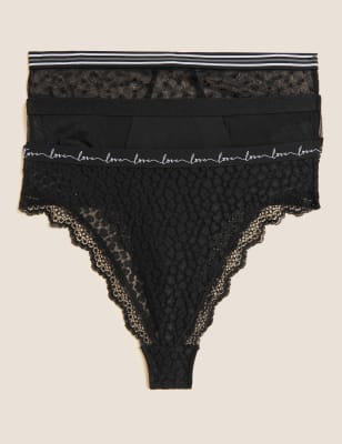 3pk Mesh & Lace High Waisted Thongs | M&S US