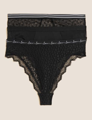 Lace and Mesh High Waist Thong Panty - Black