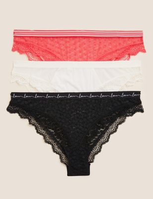 Marks And Spencer Womens M&S Collection 3pk Lace & Mesh Brazilian Knickers - Black Mix