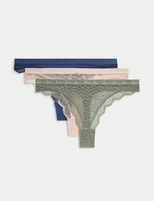 M&S Womens 3pk Mesh & Lace Thongs - 6 - Dusty Green, Dusty Green,Geranium