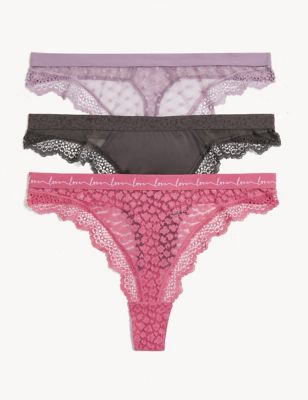 

Womens M&S Collection 3pk Mesh & Lace Thongs - Raspberry Mix, Raspberry Mix