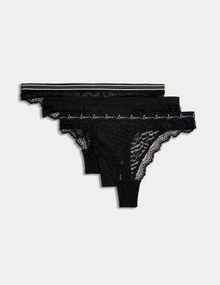 

Womens M&S Collection 3pk Mesh & Lace Thongs - Black, Black