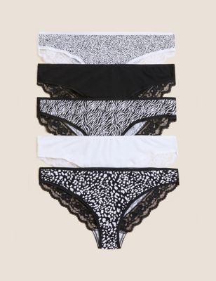Marks And Spencer Womens M&S Collection 5pk Cotton & Lace Brazilian Knickers - Black Mix, Black Mix