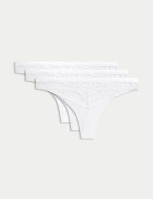 Body by M&S - Womens 3pk Body Soft Lace Thongs - 8 - White, White,Black,Dusted Mint