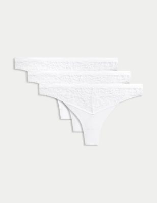 Body By M&S Womens 3pk Body Soft Lace Thongs - 8 - White, White,Black,Dusted Mint