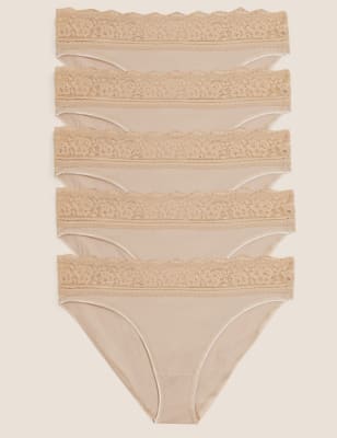 Womens M&S Collection 5pk Cotton Lycra® & Lace Knickers - Nude, Nude