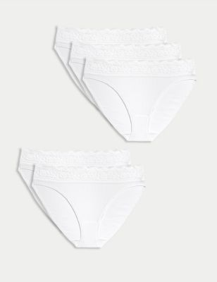 Womens M&S Collection 5pk Cotton Lycra® & Lace Knickers - White, White