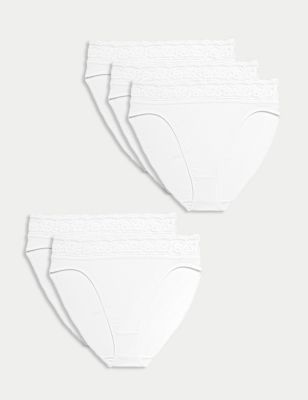 M&S Women's 5pk Cotton Rich High Waisted High Leg Knickers - 18 - White, White