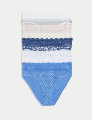 Marks And Spencer Womens M&S Collection 5pk Cotton & Lace High Leg Knickers - Fresh Blue, Fresh Blue
