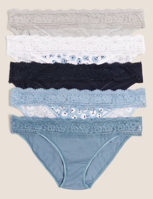 

Womens M&S Collection 5pk Cotton Blend & Lace Bikini Knickers - Blue Mix, Blue Mix