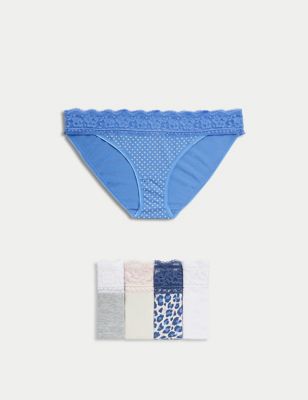 Marks And Spencer Womens M&S Collection 5pk Cotton Blend & Lace Bikini Knickers - Fresh Blue