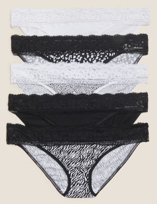 Marks And Spencer Womens M&S Collection 5pk Cotton Blend & Lace Bikini Knickers - Black Mix