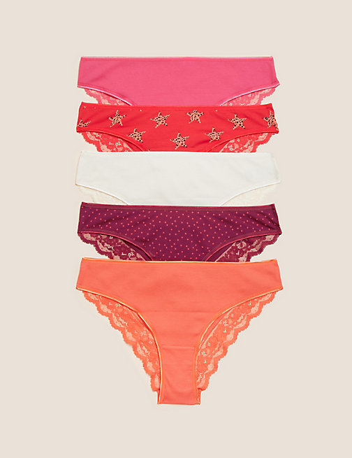 Marks And Spencer Womens M&S Collection 5pk Cotton & Lace Brazillian Knickers - Orange Mix, Orange Mix