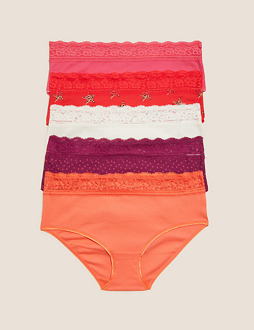 Marks And Spencer Womens M&S Collection 5pk Cotton & Lace High Rise Shorts - Orange Mix, Orange Mix