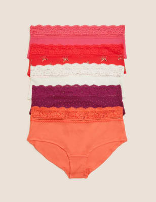 Marks And Spencer Womens M&S Collection 5pk Cotton & Lace Low Rise Shorts - Orange Mix, Orange Mix