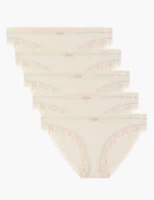  Lot de 5 strings bikini en microfibre, ornés de dentelle - Nude