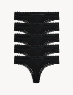 Marks And Spencer Womens M&S Collection 5pk Microfibre & Lace Trim Thongs - Black, Black