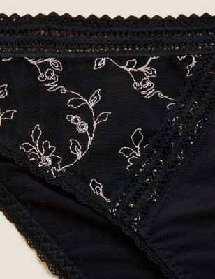 M&S Womens Archive Embroidery High Leg Knickers - 8 - Black Mix, Black Mix,Dusty Green