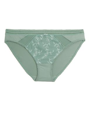 Womens M&S Collection Archive Embroidery Bikini Knickers - Dusty Green