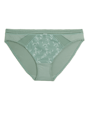 Womens M&S Collection Archive Embroidery Bikini Knickers - Dusty Green