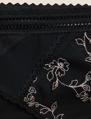 M&S Womens Archive Embroidery Bikini Knickers - 10 - Black, Black,Dusty Green