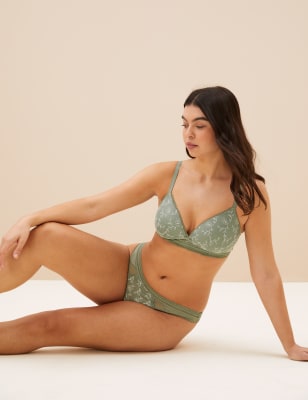 Womens M&S Collection Archive Embroidery Thong - Dusty Green