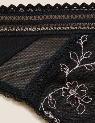 M&S Womens Archive Embroidery Thong - 10 - Black, Black,Dusty Green