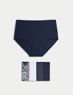 M&S Women's 5pk Cotton Lycra Printed Full Briefs - 16 - Navy Mix, Navy Mix,Dusty Blue,Yellow Mix