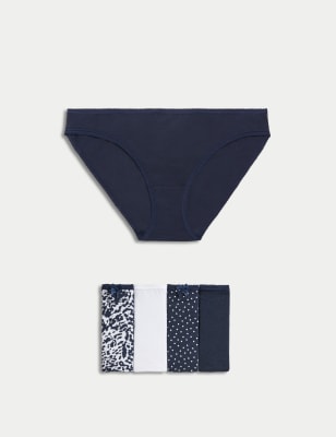 M&S Womens 5pk Cotton Lycra Printed Bikini Knickers - 8 - Navy Mix, Navy Mix,Rose Pink,Dusty Blue