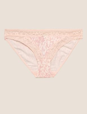 Womens Culotte bikini taille basse en coton et dentelle - Pink