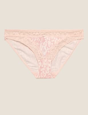 Womens Culotte bikini taille basse en coton et dentelle - Pink