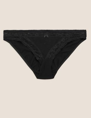 Womens Culotte bikini taille basse en coton et dentelle - Black
