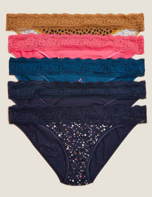 

Womens M&S Collection 5er-Pack tief sitzende Bikinislips aus Baumwolle mit Spitze - Navy Mix, Navy Mix