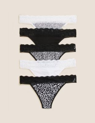Marks And Spencer Womens M&S Collection 5pk Cotton & Lace Low Rise Thongs - Black Mix, Black Mix