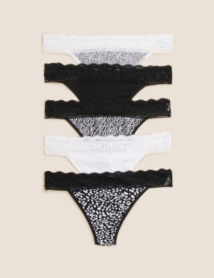 

Womens M&S Collection 5pk Cotton & Lace Low Rise Thongs - Black Mix, Black Mix