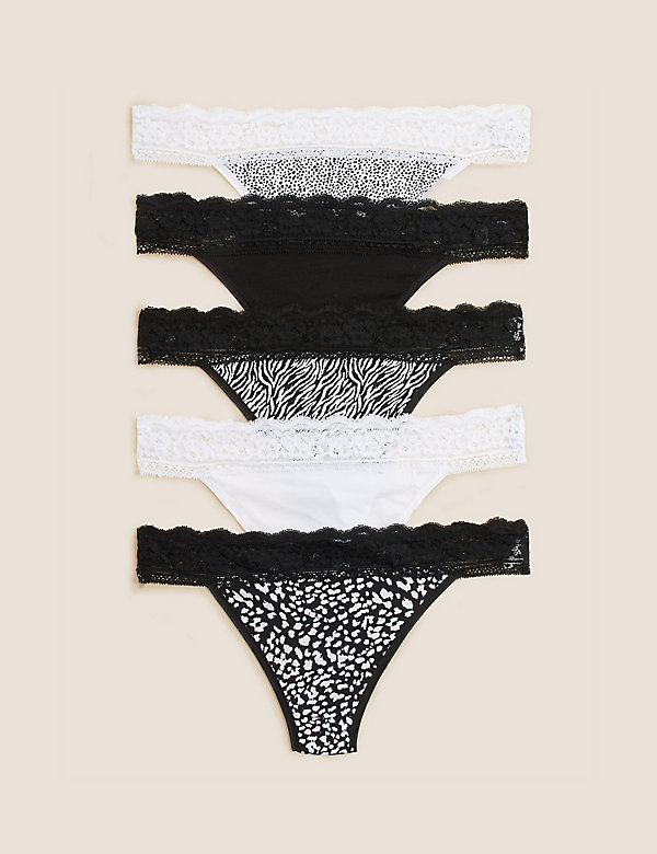 5pk Cotton & Lace Low Rise Thongs - AT