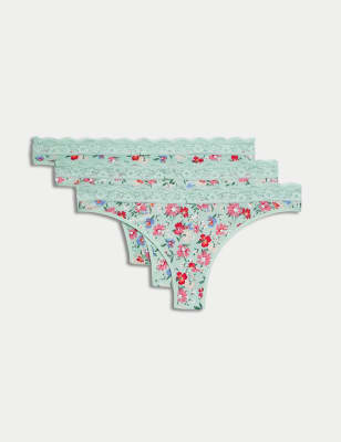 M&S Womens 3pk Printed Thongs - XS - Aqua Mix, Aqua Mix