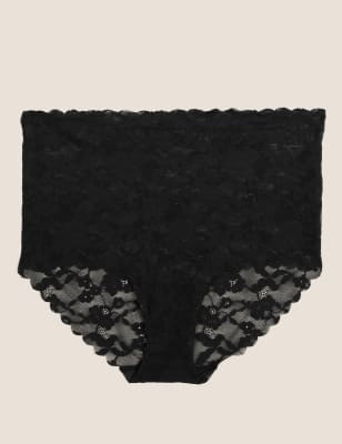  Culotte emboîtante taille haute, ornée de dentelle ajourée - Black