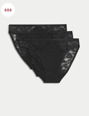 M&S Women's 3pk Heavy Absorbency Period High Leg Knickers - 6 - Black, Black